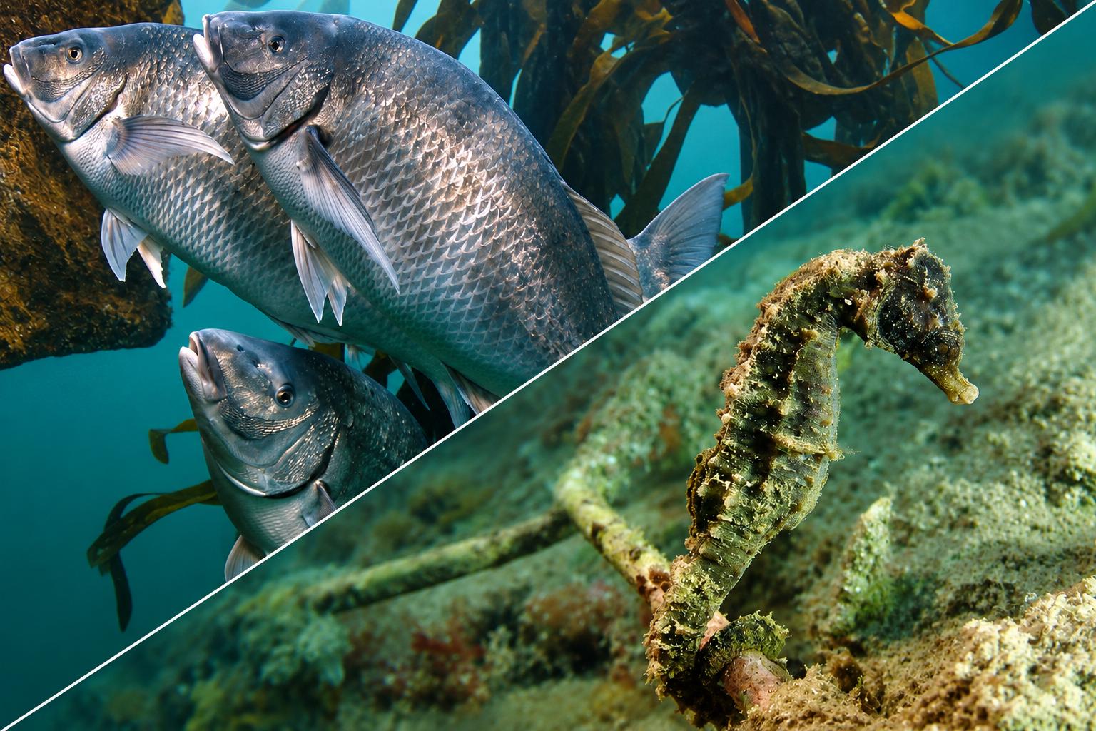 Fish and a Knysna seahorse among the estuary's kelp and reef habitat