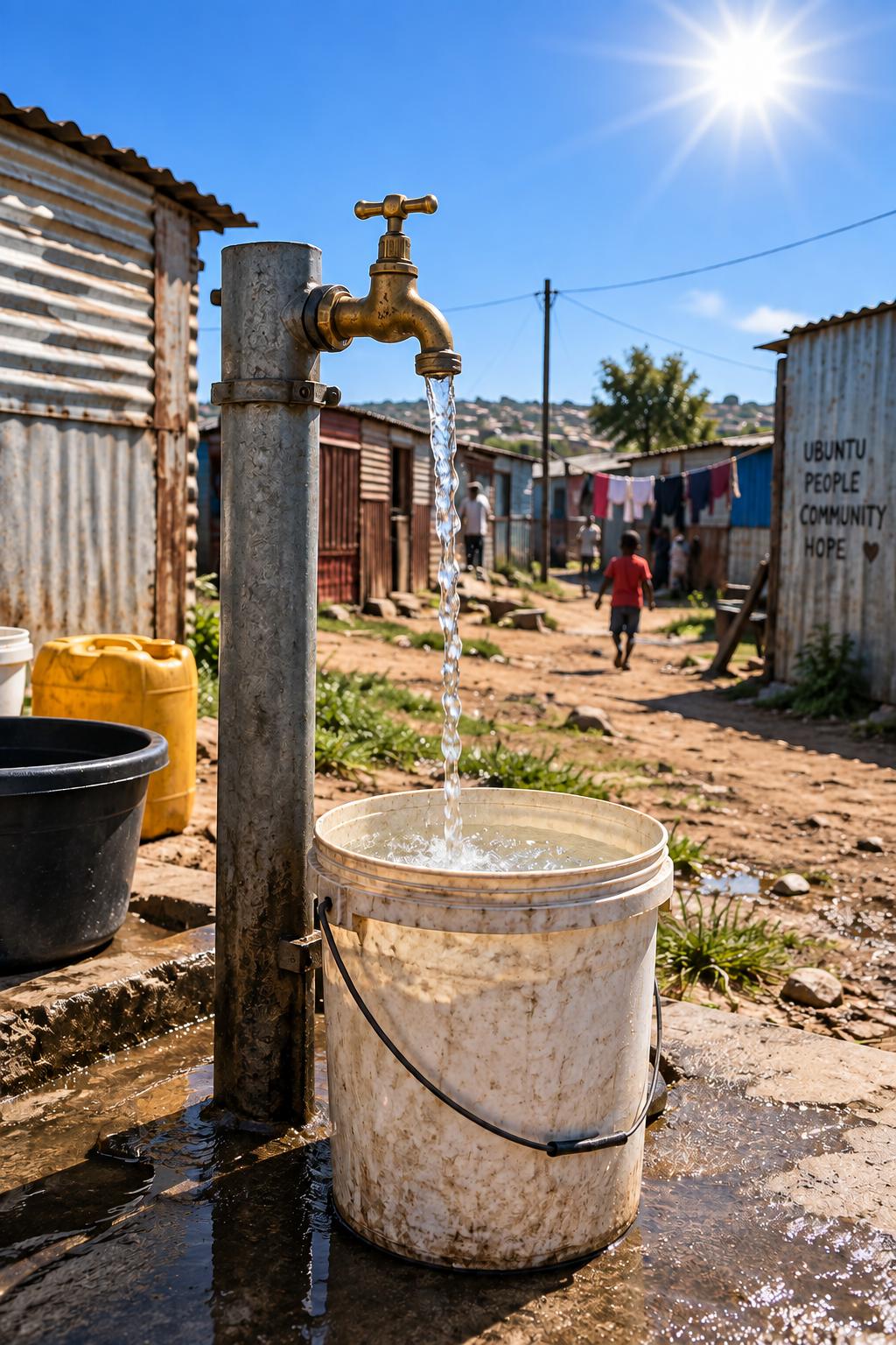Community water tap filling a bucket